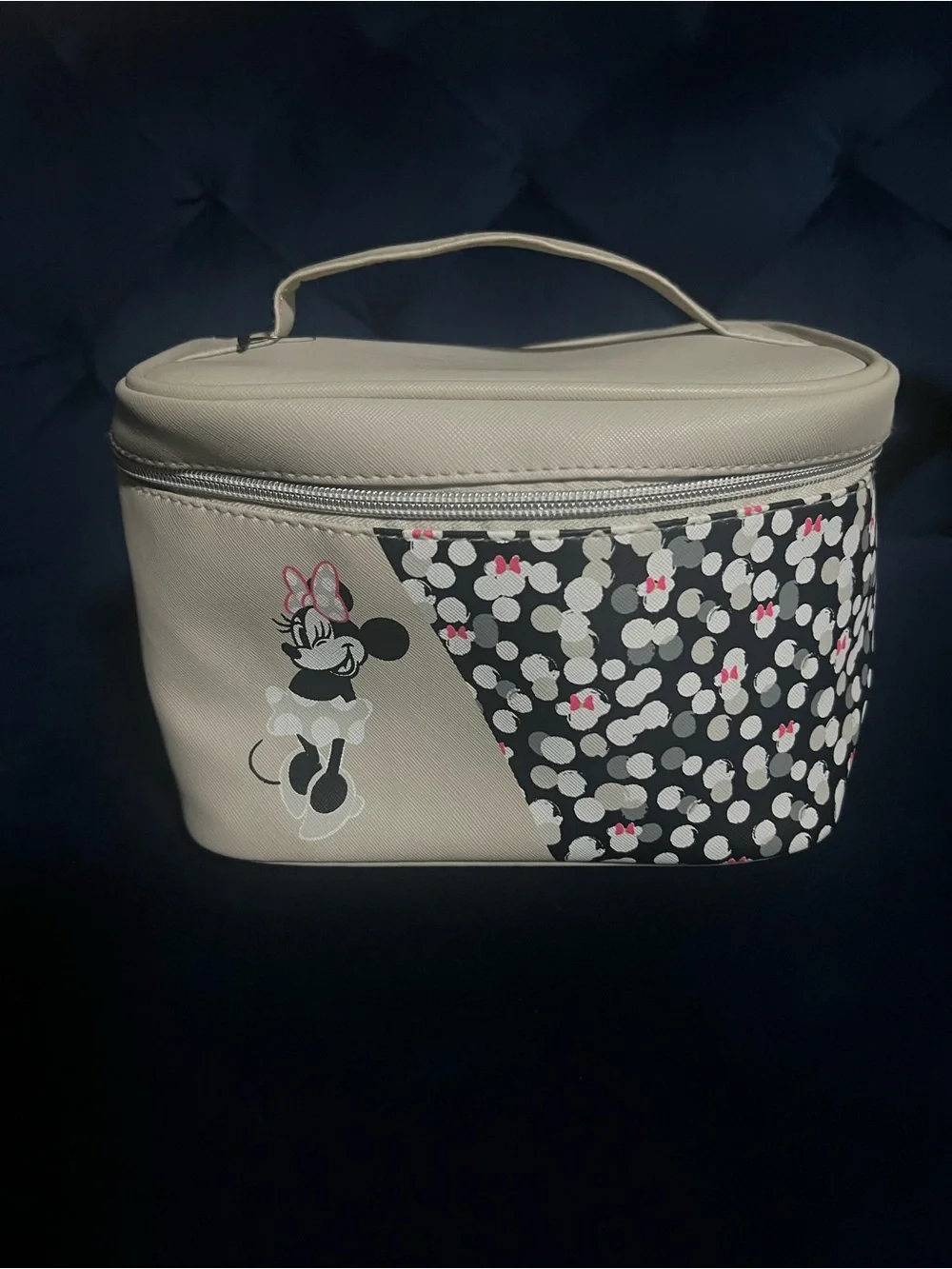 Disney Beige and Black Minnie Mouse Cosmetic Bag with Pink Accents
